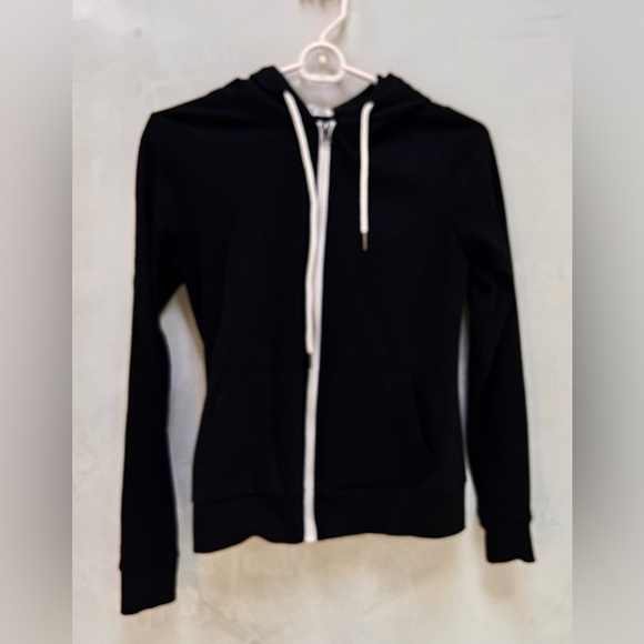 H2H Size Small Black Zipper Sweatshirt with Hood White Drawstring Tie Autumn - Picture 6 of 10